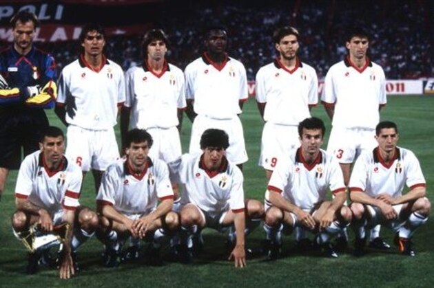 AC Milan soccer team players pose prior to the start of the Cup of Champions final between AC Milan and Barcelona played at the Olympic Stadium, Athens, Greece, on May 18, 1994. AC Milan won 4-0. (Ap Photo/Carlo Fumagalli)