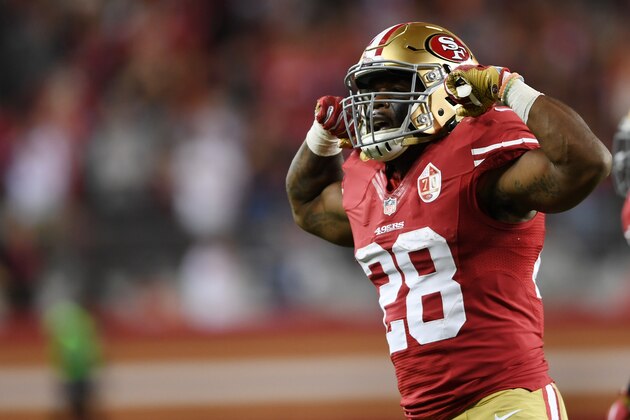 SANTA CLARA, CA - SEPTEMBER 12:  Carlos Hyde #28 of the San Francisco 49ers celebrates after a touchdown against the Los Angeles Rams during their NFL game at Levi's Stadium on September 12, 2016 in Santa Clara, California.  (Photo by Thearon W. Henderson/Getty Images)