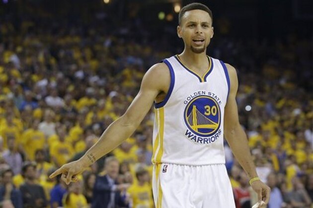 Golden State Warriors guard Stephen Curry (30) gestures during the first half of Game 7 of basketball's NBA Finals between the Warriors and the Cleveland Cavaliers in Oakland, Calif., Sunday, June 19, 2016. (AP Photo/Marcio Jose Sanchez)