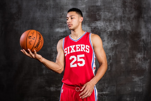 TARRYTOWN, NEW YORK - AUGUST 07:  Ben Simmons of the Philadelphia 76ers poses for a portrait during the 2016 NBA Rookie Photoshoot at Madison Square Garden Training Center on August 7, 2016 in Tarrytown, New York. NOTE TO USER: User expressly acknowledges and agrees that, by downloading and/or using this Photograph, user is consenting to the terms and conditions of the Getty Images License Agreement. Mandatory Copyright Notice: Copyright 2016 NBAE  (Photo by Nick Laham/Getty Images)