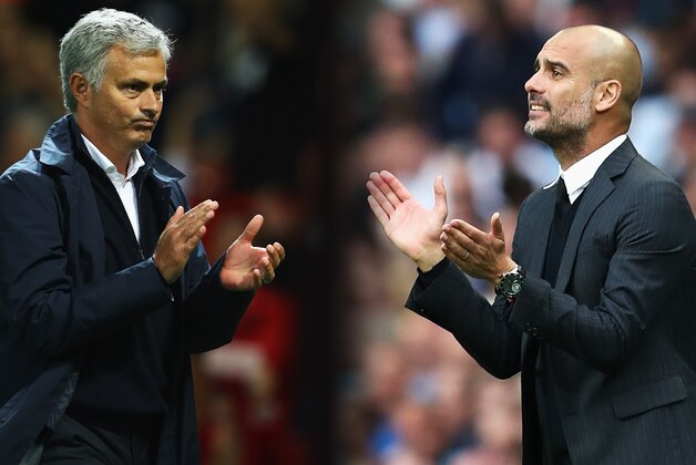 FILE PHOTO - (EDITORS NOTE: COMPOSITE OF TWO IMAGES - Image numbers (L) 592215668 and 596883044) In this composite image a comparision has been made between Manchester United manager Jose Mourinho (L) and Josep Guardiola, Manager of Manchester City.  Josep Guardiola brings his Manchester City team to Old Trafford to face Jose Mourinho's Manchester United in their first Manchester derby in the Premier League on September 10, 2016.   ***LEFT IMAGE*** MANCHESTER, ENGLAND - AUGUST 19: Jose Mourinho, Manager of Manchester United celebrates after the Premier League match between Manchester United and Southampton at Old Trafford on August 19, 2016 in Manchester, England. (Photo by Michael Steele/Getty Images) ***RIGHT IMAGE*** MANCHESTER, ENGLAND - AUGUST 28: Josep Guardiola, Manager of Manchester City encourages his players during the Premier League match between Manchester City and West Ham United at Etihad Stadium on August 28, 2016 in Manchester, England. (Photo by Chris Brunskill/Getty Images)