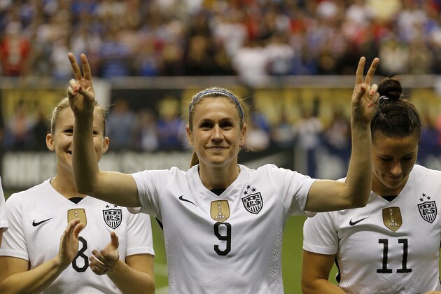 SAN ANTONIO, TX - DECEMBER 10: Heather O'Reilly #9 of the United States is introduced before playing Trinidad & Tobago in an international friendly match at the Alamodome on December 10, 2015 in San Antonio, Texas. (Photo by Chris Covatta/Getty Images)