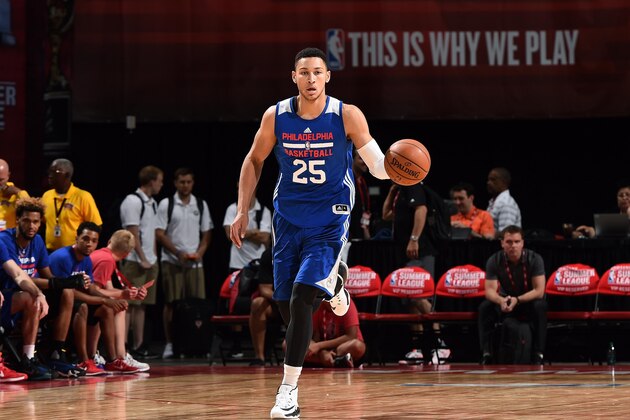 LAS VEGAS, NV - JULY 15: Ben Simmons #25 of Philadelphia 76ers handles the ball during the game against the Miami Heat during the 2016 Las Vegas Summer League on July 15, 2016 at the Thomas & Mack Center in Las Vegas, Nevada. NOTE TO USER: User expressly acknowledges and agrees that, by downloading and or using this Photograph, user is consenting to the terms and conditions of the Getty Images License Agreement. Mandatory Copyright Notice: Copyright 2016 NBAE (Photo by Garrett Ellwood/NBAE via Getty Images)
