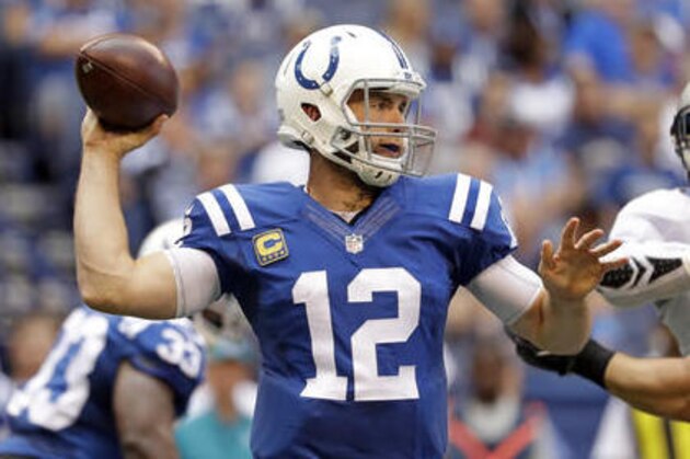 Indianapolis Colts quarterback Andrew Luck (12) throws against the Detroit Lions during the first half of an NFL football game in Indianapolis, Sunday, Sept. 11, 2016. (AP Photo/Jeff Roberson)