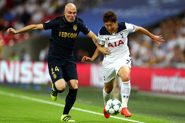 LONDON, ENGLAND - SEPTEMBER 14:  Andrea Raggi of AS Monaco abd Heung-Min Son of Tottenham Hotspur in action during the UEFA Champions League match between Tottenham Hotspur FC and AS Monaco FC at Wembley Stadium on September 14, 2016 in London, England.  (Photo by Paul Gilham/Getty Images)