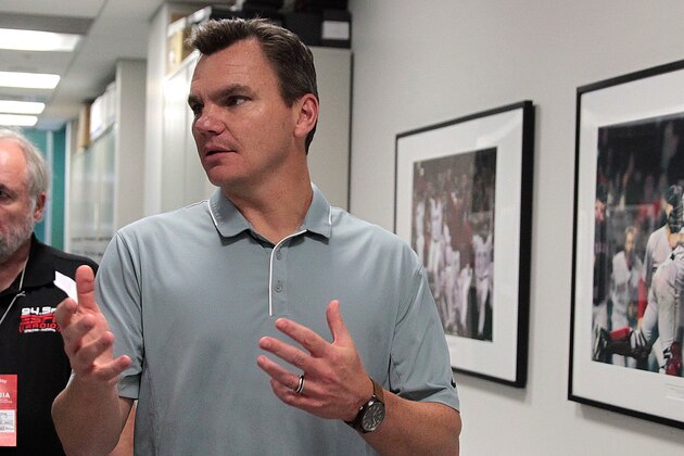 BOSTON, MA - AUGUST 14: Ben Cherington, general manager of the Boston Red Sox, responds to a question before a game with the Seattle Mariners at Fenway Park on August 14, 2015 in Boston, Massachusetts.  John Farrell #53 of the Boston Red Sox will step down to start treatments  Stage 1 lymphoma.(Photo by Jim Rogash/Getty Images)