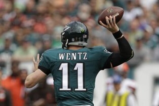 Philadelphia Eagles' Carson Wentz in action during the first half of an NFL football game against the Cleveland Browns, Sunday, Sept. 11, 2016, in Philadelphia. (AP Photo/Michael Perez)