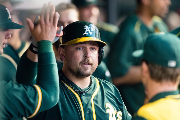CLEVELAND, OH -  JULY 30: Billy Butler #16 of the Oakland Athletics celebrates in the dugout after hitting a solo home run during the fourth inning against the Cleveland Indians at Progressive Field on July 30, 2016 in Cleveland, Ohio. (Photo by Jason Miller/Getty Images)
