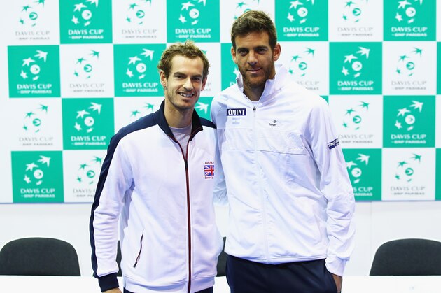 GLASGOW, SCOTLAND - SEPTEMBER 15: Andy Murray of Great Britain and Juan Martin Del Potro of Argentina pose for a photograph prior to the Davis Cup World Group semi final tie between Great Britain and Argentina at Emirates Arena on September 15, 2016 in Glasgow, Scotland.  (Photo by Clive Brunskill/Getty Images)