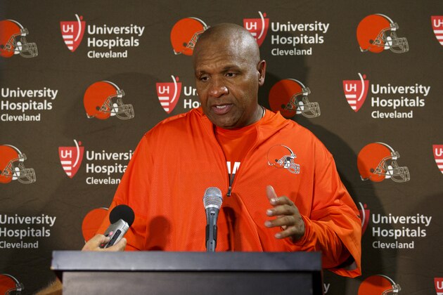 TAMPA, FL - AUGUST 26: Head Coach Hue Jackson of the Cleveland Browns talk with the media at a press conference after a preseason game against the Tampa Bay Buccaneers at Raymond James Stadium on August 26, 2016 in Tampa, Florida. The Buccaneers defeated the Browns 30 to 13. (Photo by Don Juan Moore/Getty Images)