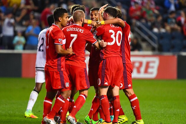 Sep 3, 2016; Chicago, IL, USA;  Chicago Fire midfielder Michael de Leeuw (8) reacts after scoring a goal against the Philadelphia Union during the first half at Toyota Park. Mandatory Credit: Mike DiNovo-USA TODAY Sports