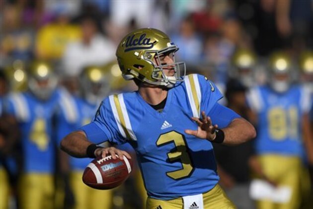 UCLA quarterback Josh Rosen passes during the first half of a college football game against UNLV, Saturday, Sept. 10, 2016, in Pasadena, Calif. (AP Photo/Mark J. Terrill)