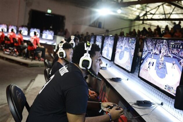 IMAGE DISTRIBUTED FOR NBA 2K - Team Drewkerbockers seen at the NBA 2K16 Road to the Finals championship event on Wednesday, June 1, 2016, in Los Angeles. Two teams of gamers go head to head during a competition that merges simulation basketball with eSports for a shot at $250,000 and a trip to the 2015-2016 NBA Finals. (Photo by Dan Steinberg/Invision for NBA 2K/AP Images)