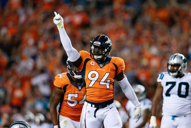 Sep 8, 2016; Denver, CO, USA; Denver Broncos outside linebacker DeMarcus Ware (94) celebrates after a play in the third quarter against the Carolina Panthers at Sports Authority Field at Mile High. Mandatory Credit: Isaiah J. Downing-USA TODAY Sports