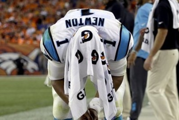 Carolina Panthers quarterback Cam Newton (1) stands on the sidelines after a sack during the second half of an NFL football game against the Denver Broncos, Thursday, Sept. 8, 2016, in Denver. The Broncos won 21-20. (AP Photo/Joe Mahoney)