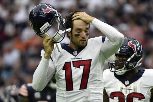 Houston Texans quarterback Brock Osweiler (17) walks off the field after a play during the second half of an NFL football game against the Chicago Bears, Sunday, Sept. 11, 2016, in Houston. (AP Photo/Eric Christian Smith)