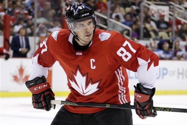 Team Canada's Sidney Crosby prepares to take a face-off during the second period of a World Cup of Hockey 2016 exhibition game against Team Russia in Pittsburgh Wednesday, Sept. 14, 2016. (AP Photo/Gene J. Puskar)