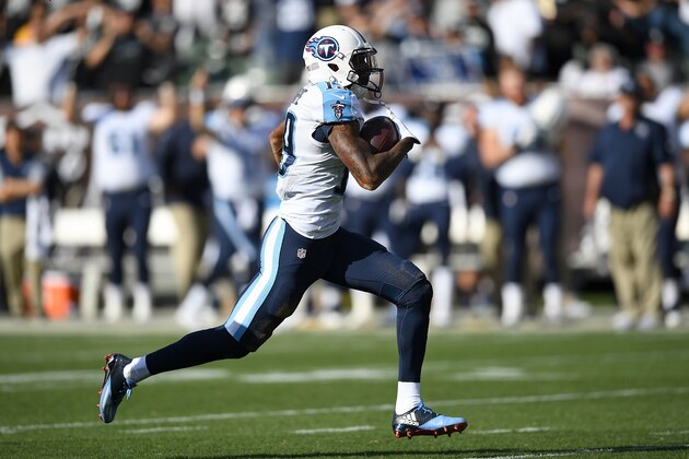 OAKLAND, CA - AUGUST 27:  Wide receiver Tajae Sharpe #19 of the Tennessee Titans runs with the ball after a catch against the Oakland Raiders in the first half of their preseason football game at the Oakland Coliseum on August 27, 2016 in Oakland, California.  (Photo by Thearon W. Henderson/Getty Images)