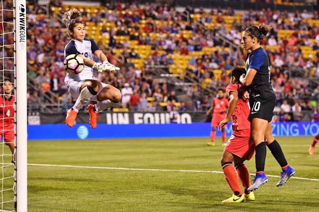 COLUMBUS, OH - SEPTEMBER 15:  Goalkeeper Yada Sengyong #18 of Thailand blocks a header attempt on goal from Carli Lloyd #10 of the US Women's National Team in the second half on September 15, 2016 at MAPFRE Stadium in Columbus, Ohio. The United States defeated Thailand 9-0.  (Photo by Jamie Sabau/Getty Images)