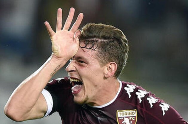Torino's Andrea Belotti celebrates after scoring during a Serie A soccer match between Torino and Bologna, at the Turin Olympic stadium, Italy, Sunday, Aug. 28, 2016. (Alessandro Di Marco/ANSA via AP)