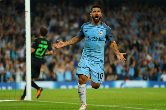 MANCHESTER, ENGLAND - SEPTEMBER 14:  Sergio Aguero of Manchester City celebrates scoring during the UEFA Champions League match between Manchester City FC and VfL Borussia Moenchengladbach at Etihad Stadium on September 14, 2016 in Manchester, England.  (Photo by Richard Heathcote/Getty Images)