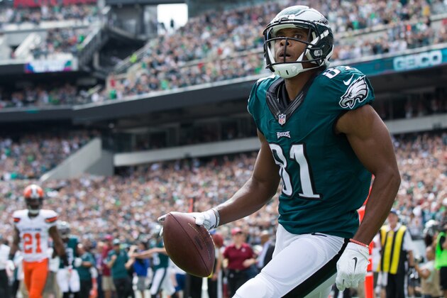 Sep 11, 2016; Philadelphia, PA, USA; Philadelphia Eagles wide receiver Jordan Matthews (81) reacts after his touchdown against the Cleveland Browns during the first quarter at Lincoln Financial Field. The Philadelphia Eagles won 29-10. Mandatory Credit: Bill Streicher-USA TODAY Sports