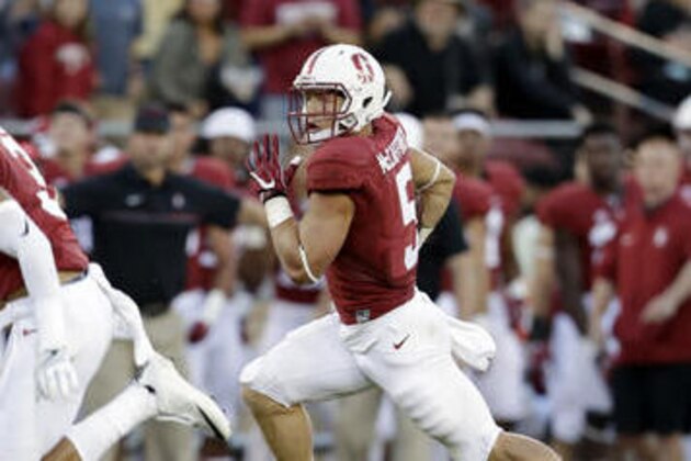 Stanford running back Christian McCaffrey, right, runs for a 35-yard touchdown against Kansas State during the first half of an NCAA college football game Friday, Sept. 2, 2016, in Stanford, Calif. (AP Photo/Marcio Jose Sanchez)