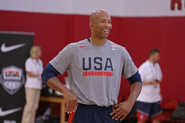 LAS VEGAS, NV - JULY 19:  Monty Williams of the USA Men's National Team smiles and coaches during practice on July 19, 2016 at Mendenhall Center on the University of Nevada, Las Vegas campus in Las Vegas, Nevada. NOTE TO USER: User expressly acknowledges and agrees that, by downloading and or using this photograph, User is consenting to the terms and conditions of the Getty Images License Agreement. Mandatory Copyright Notice: Copyright 2016 NBAE (Photo by Nathaniel S. Butler/NBAE via Getty Images)
