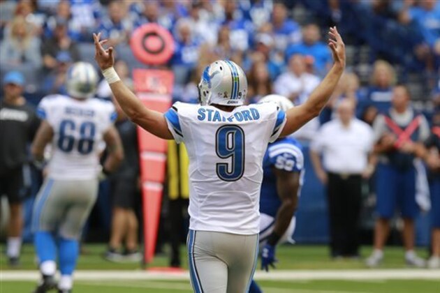 Detroit Lions quarterback Matthew Stafford (9) reacts against the Indianapolis Colts during the first half of an NFL football game in Indianapolis, Sunday, Sept. 11, 2016. (AP Photo/R Brent Smith)