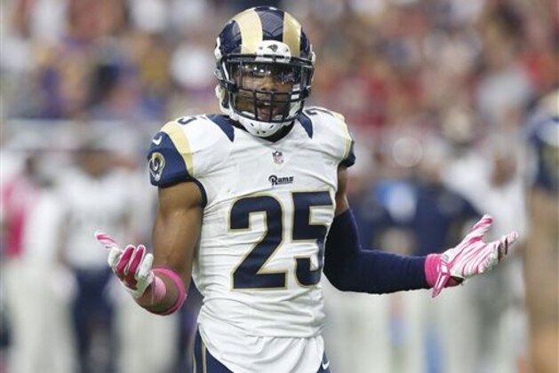 FILE - This Oct. 4, 2015 file photo shows St. Louis Rams strong safety T.J. McDonald (25) during an NFL football game against the Arizona Cardinals, in Glendale, Ariz. McDonald has been arrested on suspicion of driving under the influence of an unknown substance after he apparently struck a parked car. Officer Mike Lopez, a police spokesman, says the 25-year-old player was arrested Tuesday morning, May 10, 2016, after officers found him at the crash scene in Woodland Hills. (AP Photo/Rick Scuteri, File)