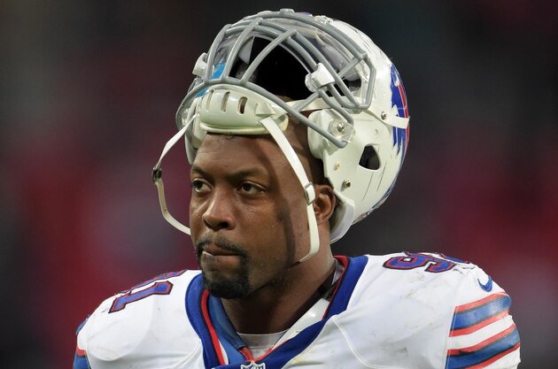 Oct 25, 2015; London, United Kingdom; Buffalo Bills linebacker Manny Lawson (91) walks off the field after 34-31 loss against the Jacksonville Jaguars during NFL International Series game at Wembley Stadium. Mandatory Credit: Kirby Lee-USA TODAY Sports