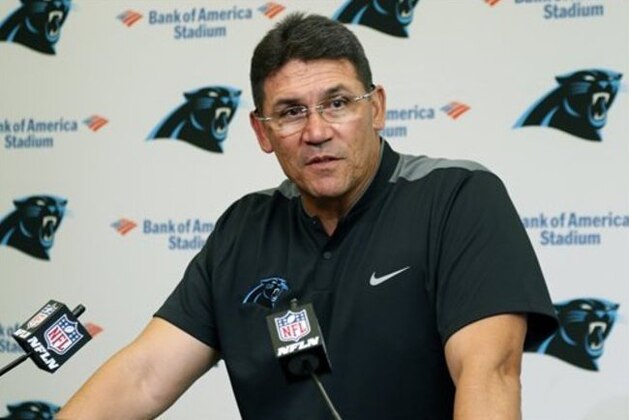 Carolina Panthers head coach Ron Rivera speaks to the media after a preseason NFL football game against the Pittsburgh Steelers in Charlotte, N.C., Thursday, Sept. 1, 2016. The Panthers won 18-6. (AP Photo/Bob Leverone)