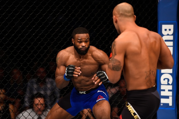 ATLANTA, GA - JULY 30:  (L-R) Tyron Woodley faces Robbie Lawler in their welterweight championship bout during the UFC 201 event on July 30, 2016 at Philips Arena in Atlanta, Georgia. (Photo by Jeff Bottari/Zuffa LLC/Zuffa LLC via Getty Images)