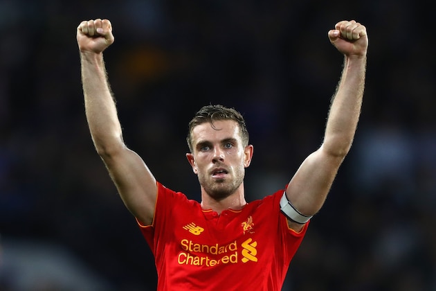 LONDON, ENGLAND - SEPTEMBER 16: Jordan Henderson of Liverpool celebrates victory after the full time whistle in the Premier League match between Chelsea and Liverpool at Stamford Bridge on September 16, 2016 in London, England.  (Photo by Clive Rose/Getty Images)