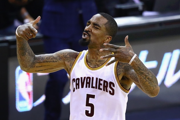 CLEVELAND, OH - JUNE 16:  J.R. Smith #5 of the Cleveland Cavaliers reacts against the Golden State Warriors in Game 6 of the 2016 NBA Finals at Quicken Loans Arena on June 16, 2016 in Cleveland, Ohio. NOTE TO USER: User expressly acknowledges and agrees that, by downloading and or using this photograph, User is consenting to the terms and conditions of the Getty Images License Agreement.  (Photo by Ezra Shaw/Getty Images)