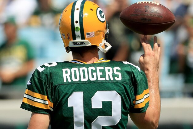 JACKSONVILLE, FL - SEPTEMBER 11:  AAron Rodgers #12 of the Green Bay Packers warms up against the Jacksonville Jagurs during the game at EverBank Field on September 11, 2016 in Jacksonville, Florida.  (Photo by Mike Ehrmann/Getty Images)