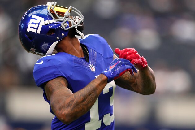 ARLINGTON, TX - SEPTEMBER 11:  Odell Beckham #13 of the New York Giants warms up prior to the game against the Dallas Cowboys at AT&T Stadium on September 11, 2016 in Arlington, Texas.  (Photo by Tom Pennington/Getty Images)