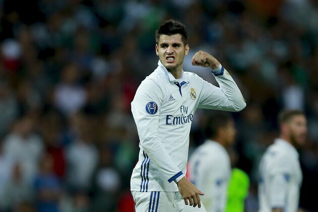 MADRID, SPAIN - SEPTEMBER 14: Alvaro Morata of Real Madrid CF celebrates after winning the UEFA Champions League group stage match between Real Madrid CF and Sporting Clube de Portugal at Santiago Bernabeu stadium  on September 14, 2016 in Madrid, Spain. (Photo by Gonzalo Arroyo Moreno/Getty Images)
