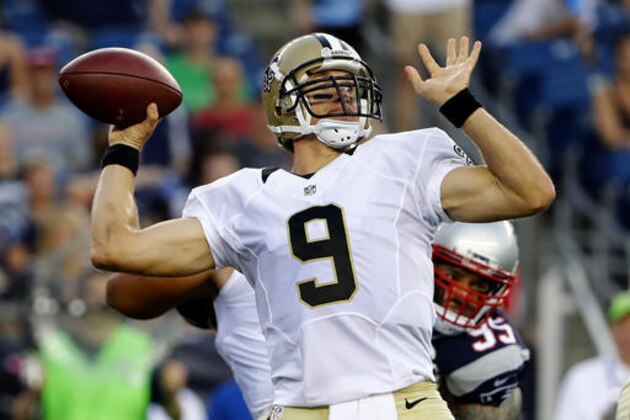FILE - In this Aug. 11, 2016, file photo, New Orleans Saints quarterback Drew Brees passes during the first half of a preseason NFL football game against the New England Patriots in Foxborough, Mass. The New York Giants’ big-bucks, revamped defense found a way to hold off the Cowboys. Facing the New Orleans Saints on Sunday will show whether spending more than $100 million to help Steve Spagnuolo’s unit was cost effective. AP Photo/Winslow Townson, File)