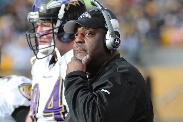 PITTSBURGH - DECEMBER 27:  Defensive line coach Clarence Brooks of the Baltimore Ravens looks on from the sideline during a game against the Pittsburgh Steelers at Heinz Field on December 27, 2009 in Pittsburgh, Pennsylvania.  The Steelers defeated the Ravens 23-20.  (Photo by George Gojkovich/Getty Images)