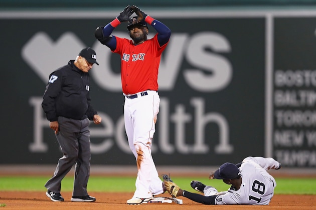 BOSTON, MA - SEPTEMBER 16:  David Ortiz #34 of the Boston Red Sox celebrates after sliding into second past Didi Gregorius #18 of the New York Yankees during the sixth inning at Fenway Park on September 16, 2016 in Boston, Massachusetts.  (Photo by Maddie Meyer/Getty Images)