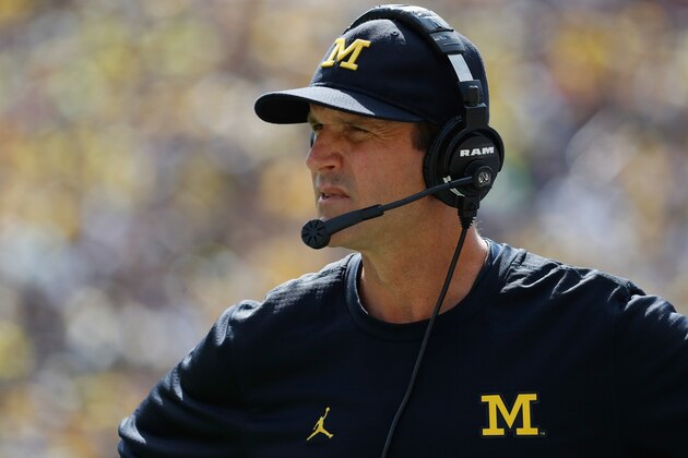 ANN ARBOR, MI - SEPTEMBER 03: Head coach Jim Harbaugh of the Michigan Wolverines looks on while playing the Hawaii Warriors on September 3, 2016 at Michigan Stadium in Ann Arbor, Michigan. (Photo by Gregory Shamus/Getty Images)