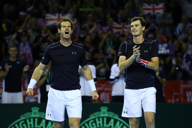 GLASGOW, SCOTLAND - SEPTEMBER 17:  Andy Murray and Jamie Murray of Great Britain celebrate their four set victory against Juan Martin Del Potro and Leonardo Mayer of Argentina in their doubles match during the Davis Cup World Group semi final tie between Great Britain and Argentina at Emirates Arena on September 15, 2016 in Glasgow, Scotland.  (Photo by Clive Brunskill/Getty Images)