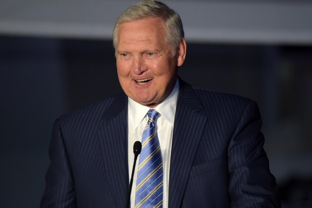 Mar 7, 2015; Los Angeles, CA, USA; Los Angeles Lakers former player Jerry West speaks at a statue unveiling ceremony for Los Angeles Kings former player Luc Robitaille (not pictured) before the game against the Pittsburgh Penguins at Staples Center. Mandatory Credit: Kirby Lee-USA TODAY Sports