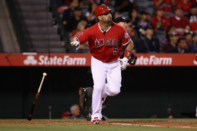 ANAHEIM, CA - SEPTEMBER 13:  Albert Pujols #5 of the Los Angeles Angels of Anaheim flys out during the second  inning of a game against the Seattle Mariners at Angel Stadium of Anaheim on September 13, 2016 in Anaheim, California.  (Photo by Sean M. Haffey/Getty Images)