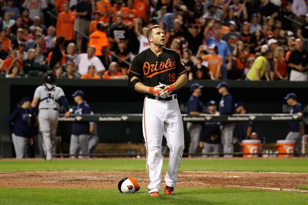 BALTIMORE, MD - SEPTEMBER 16: Chris Davis #19 of the Baltimore Orioles reacts after striking out swinging to end the seventh inning against the Tampa Bay Rays  at Oriole Park at Camden Yards on September 16, 2016 in Baltimore, Maryland.  (Photo by Rob Carr/Getty Images)