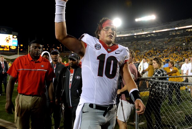 COLUMBIA, MO - SEPTEMBER 17: Quarterback Jacob Eason #10 of the Georgia Bulldogs celebrates a 28-27 win over the Missouri Tigers in the fourth quarter at Memorial Stadium on September 17, 2016 in Columbia, Missouri. (Photo by Ed Zurga/Getty Images)