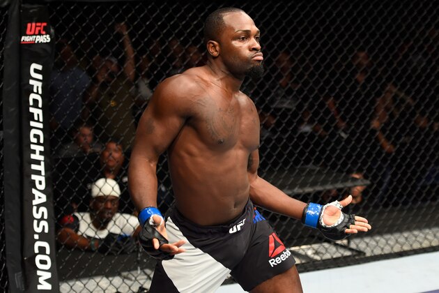 HIDALGO, TX - SEPTEMBER 17:   Derek Brunson celebrates his knockout victory over Uriah Hall of Jamaica in their middleweight bout during the UFC Fight Night event at State Farm Arena on September 17, 2016 in Hidalgo, Texas. (Photo by Josh Hedges/Zuffa LLC/Zuffa LLC via Getty Images)