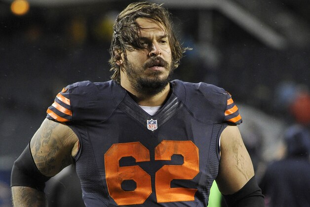 CHICAGO, IL - NOVEMBER 17: Eben Britton #62 of the Chicago Bears after the game against the Baltimore Ravens on November 17, 2013 at Soldier Field in Chicago, Illinois.  (Photo by David Banks/Getty Images)