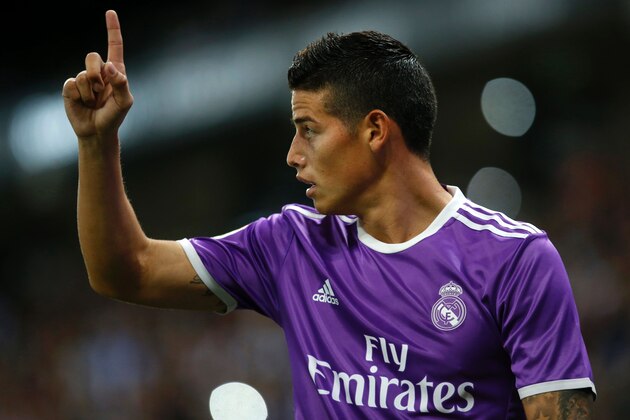 Real Madrid's Colombian midfielder James Rodriguez gestures from the sideline during the Spanish league football match RCD Espanyol vs Real Madrid CF at the Cornella-El Prat stadium in Cornella de Llobregat on September 18, 2016. / AFP / PAU BARRENA        (Photo credit should read PAU BARRENA/AFP/Getty Images)